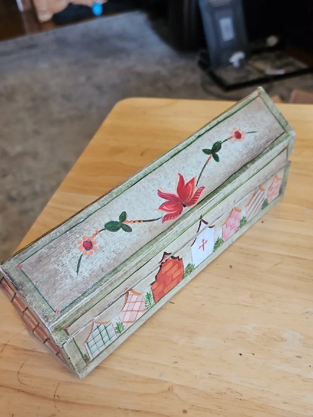 Hand-Painted Floral Wooden Trinket Box in Green and Pink